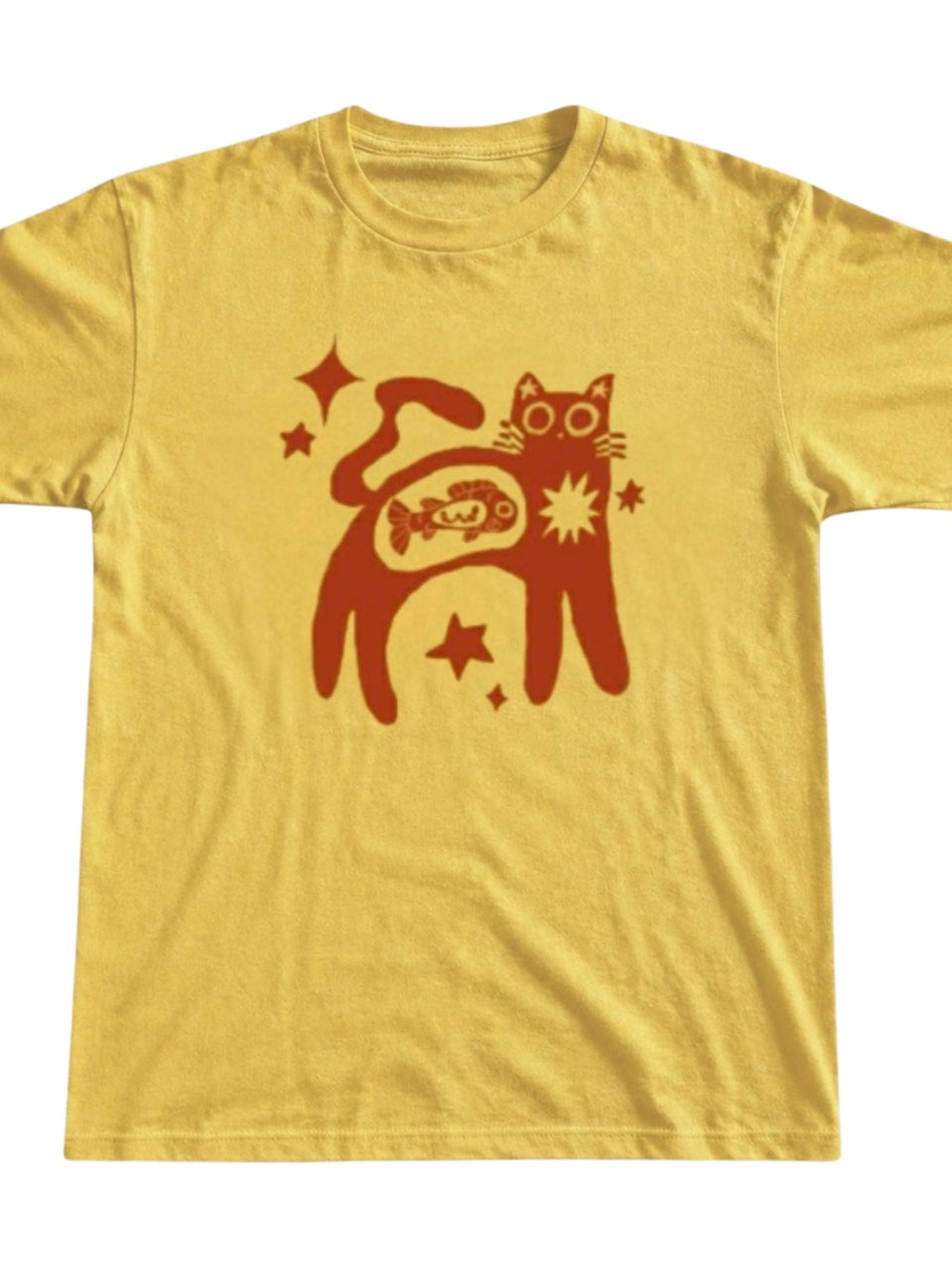 Gildan Yellow Tee with Red Cat Graphic, Gift For Her, For Him